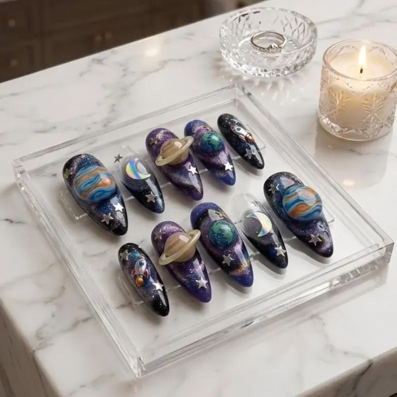 3D galaxy press-on, Y2K cyber nails, press on nails, custom press on nails, fake nails, Nails Art, stained glass nails, gold press on nails, 3d press on nails, luxury press on nails, handmade press on nails