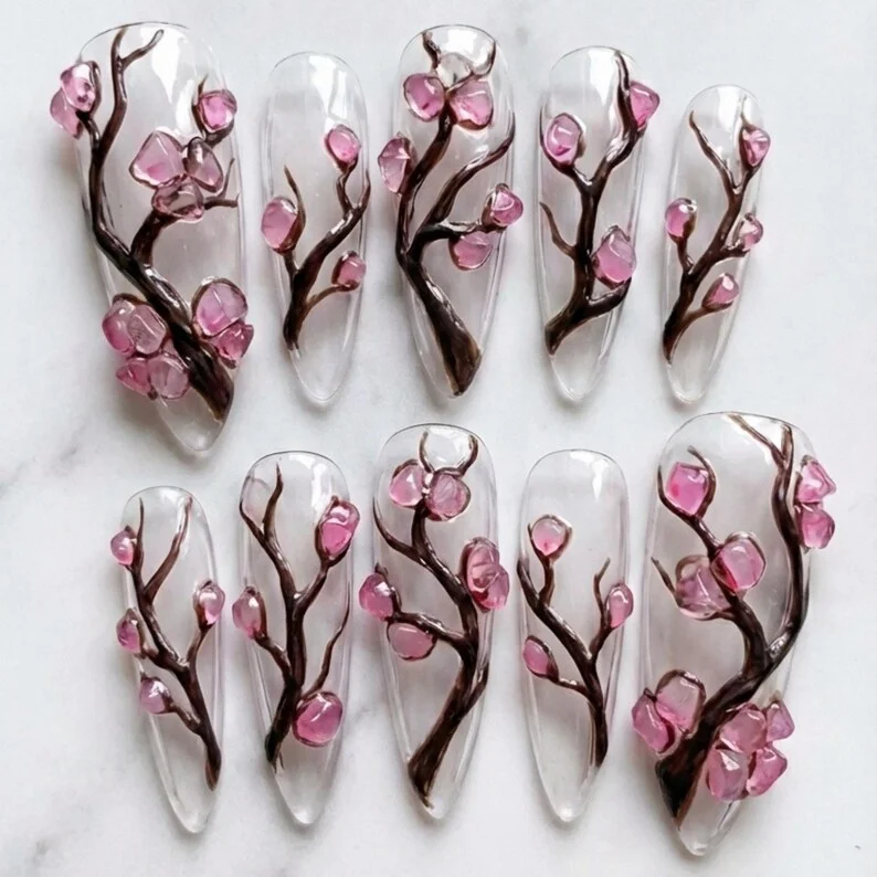 3D Glass Nails, Orchard Sakura Nails, press on nails, custom press on nails, fake nails, Nails Art, stained glass nails, gold press on nails, 3d press on nails, luxury press on nails, handmade press on nails