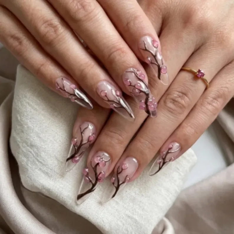 Cherry Blossom Nails, Clear Base Nails, press on nails, custom press on nails, fake nails, Nails Art, stained glass nails, gold press on nails, 3d press on nails, luxury press on nails, handmade press on nails