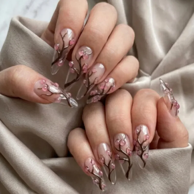 Relief Nail Art, Sakura Press Ons, press on nails, custom press on nails, fake nails, Nails Art, stained glass nails, gold press on nails, 3d press on nails, luxury press on nails, handmade press on nails