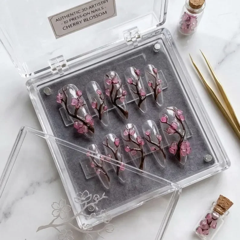 3D Glass Nails, Orchard Sakura Nails, press on nails, custom press on nails, fake nails, Nails Art, stained glass nails, gold press on nails, 3d press on nails, luxury press on nails, handmade press on nails