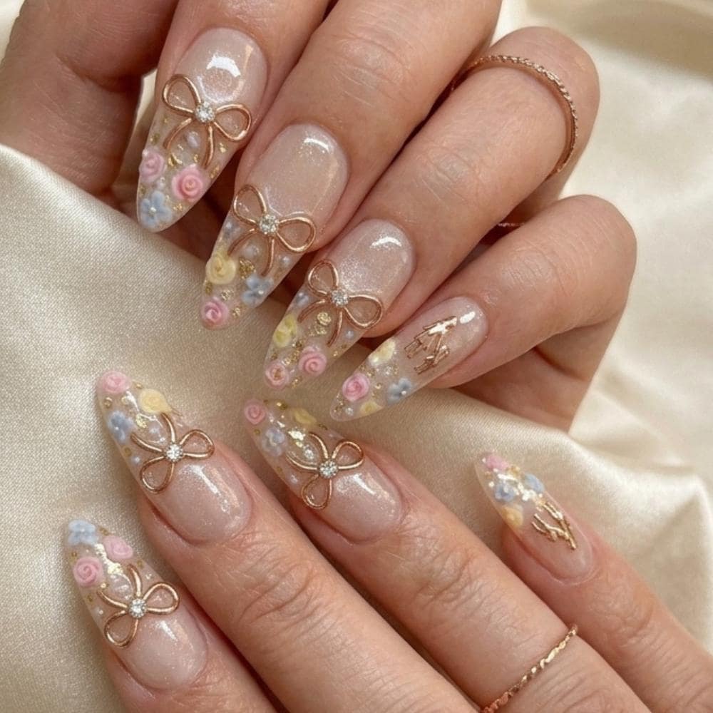 3D gold bow, press on nails, custom press on nails, fake nails, Nails Art, stained glass nails, gold press on nails, 3d press on nails, luxury press on nails, handmade press on nails