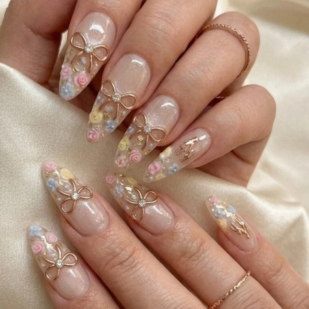 3D gold bow, press on nails, custom press on nails, fake nails, Nails Art, stained glass nails, gold press on nails, 3d press on nails, luxury press on nails, handmade press on nails