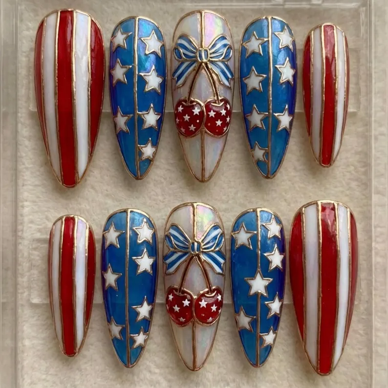 Americana Stars, Stripes Luxury Gel, press on nails, custom press on nails, fake nails, Nails Art, stained glass nails, gold press on nails, 3d press on nails, luxury press on nails, handmade press on nails