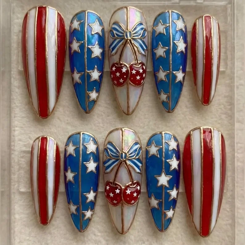 3D Gold Cherry, Bow Patriotic Art, press on nails, custom press on nails, fake nails, Nails Art, stained glass nails, gold press on nails, 3d press on nails, luxury press on nails, handmade press on nails