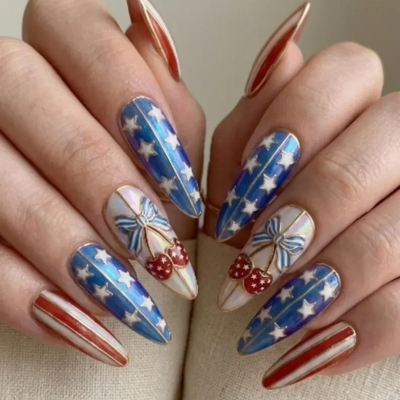 Americana Stars, Stripes Luxury Gel, press on nails, custom press on nails, fake nails, Nails Art, stained glass nails, gold press on nails, 3d press on nails, luxury press on nails, handmade press on nails