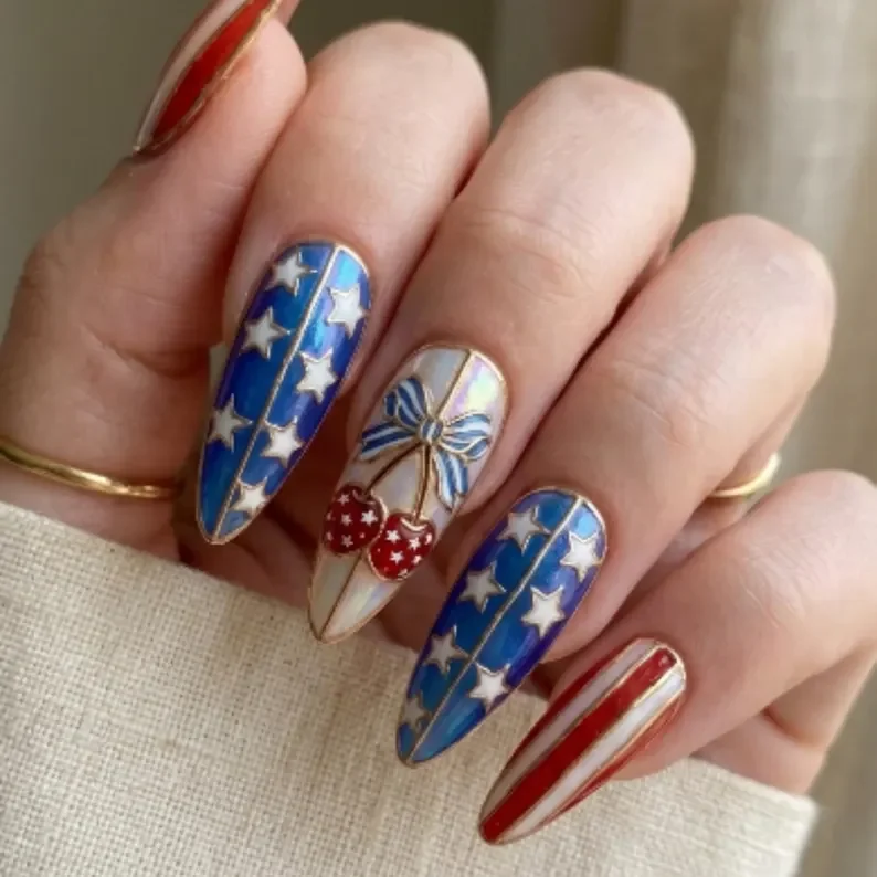Stars and Stripes, Gold Cherry Bow, press on nails, custom press on nails, fake nails, Nails Art, stained glass nails, gold press on nails, 3d press on nails, luxury press on nails, handmade press on nails