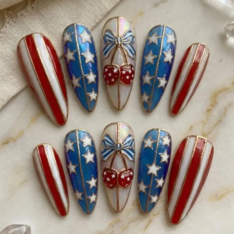 3D Gold Cherry, Bow Patriotic Art, press on nails, custom press on nails, fake nails, Nails Art, stained glass nails, gold press on nails, 3d press on nails, luxury press on nails, handmade press on nails