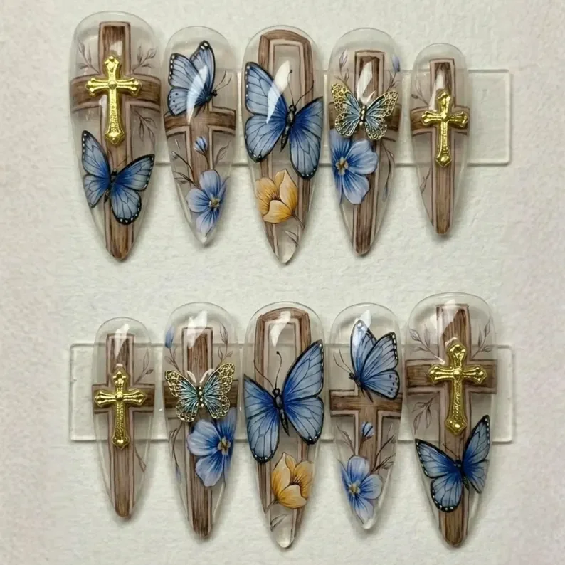 blue butterfly nails, floral nail art, press on nails, custom press on nails, fake nails, Nails Art, stained glass nails, gold press on nails, 3d press on nails, luxury press on nails, handmade press on nails