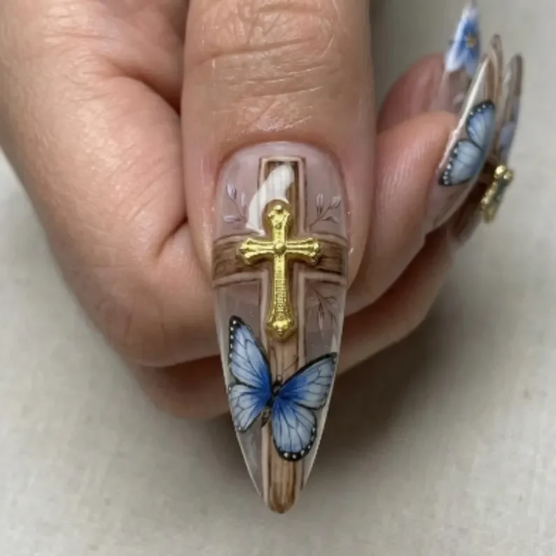 Christian nail design, cross nail art, press on nails, custom press on nails, fake nails, Nails Art, stained glass nails, gold press on nails, 3d press on nails, luxury press on nails, handmade press on nails