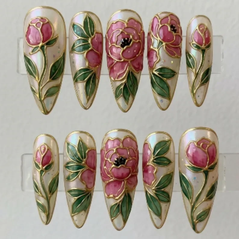 3D Gold Floral, Peony Press On, press on nails, custom press on nails, fake nails, Nails Art, stained glass nails, gold press on nails, 3d press on nails, luxury press on nails, handmade press on nails