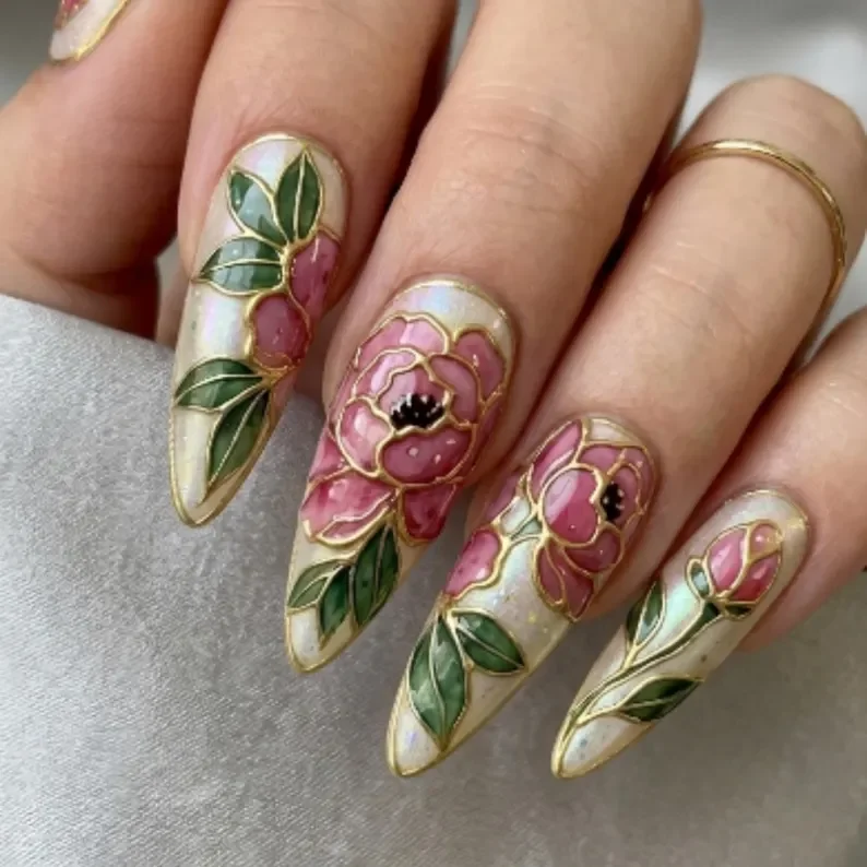 Pink Iridescent, Pearl Botanical, press on nails, custom press on nails, fake nails, Nails Art, stained glass nails, gold press on nails, 3d press on nails, luxury press on nails, handmade press on nails