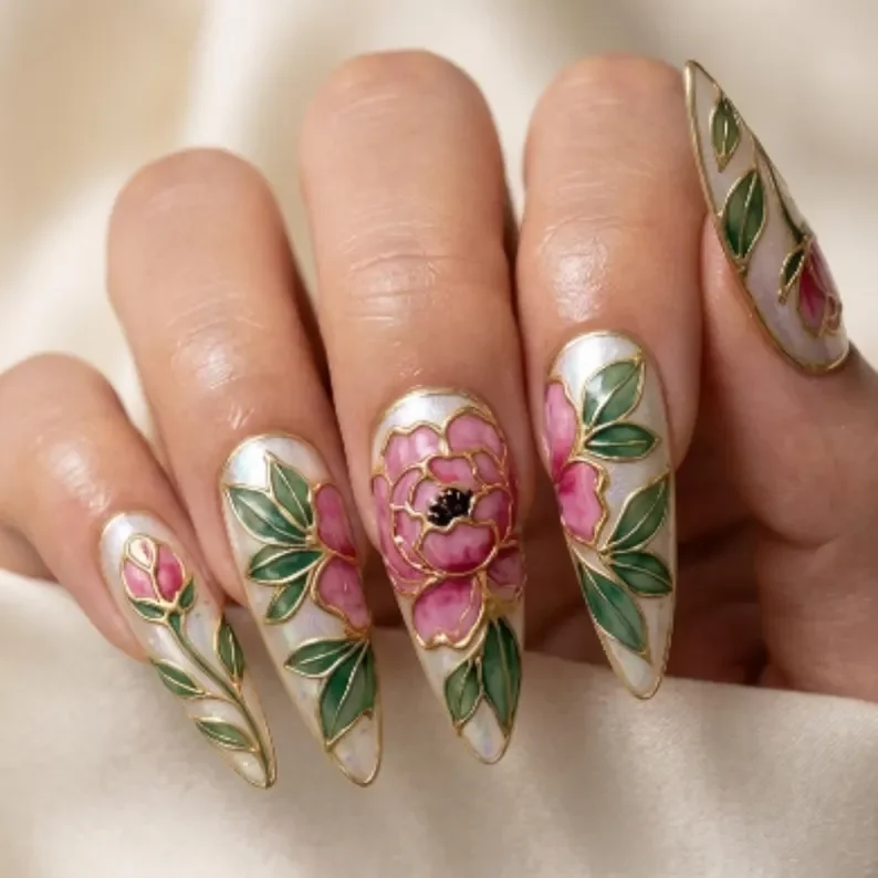 Botanical Art, Iridescent Pearl, press on nails, custom press on nails, fake nails, Nails Art, stained glass nails, gold press on nails, 3d press on nails, luxury press on nails, handmade press on nails
