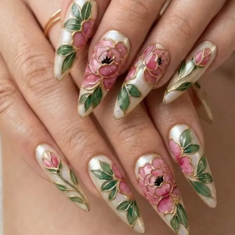 Press On Nails, Floral Peony, press on nails, custom press on nails, fake nails, Nails Art, stained glass nails, gold press on nails, 3d press on nails, luxury press on nails, handmade press on nails
