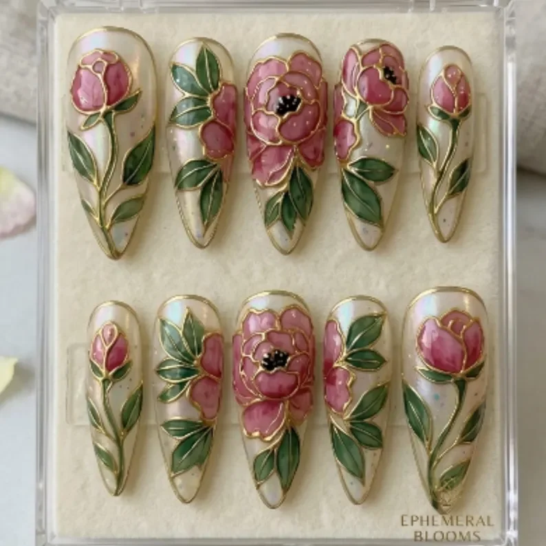 3D Gold Floral, Peony Press On, press on nails, custom press on nails, fake nails, Nails Art, stained glass nails, gold press on nails, 3d press on nails, luxury press on nails, handmade press on nails