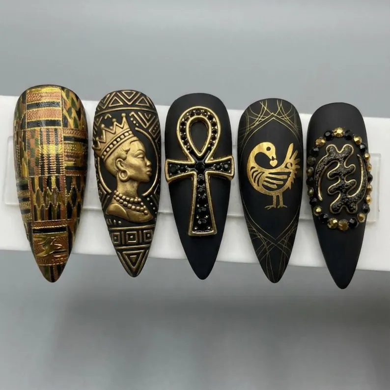 Black Pride Press On, Afrocentric Adinkra, press on nails, custom press on nails, fake nails, Nails Art, stained glass nails, gold press on nails, 3d press on nails, luxury press on nails, handmade press on nails