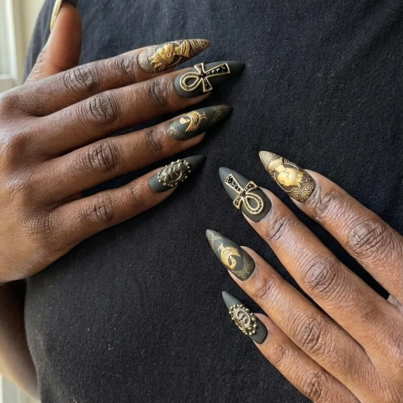 Afrocentric Adinkra, Sankofa Art, press on nails, custom press on nails, fake nails, Nails Art, stained glass nails, gold press on nails, 3d press on nails, luxury press on nails, handmade press on nails