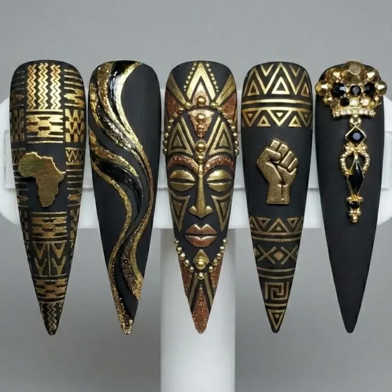 3D Gold Tribal, Black History Month, press on nails, custom press on nails, fake nails, Nails Art, stained glass nails, gold press on nails, 3d press on nails, luxury press on nails, handmade press on nails