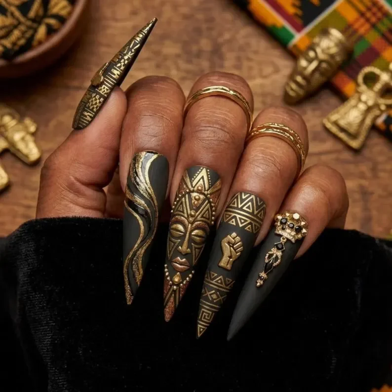 Afrocentric Art, Tribal Mask Design, press on nails, custom press on nails, fake nails, Nails Art, stained glass nails, gold press on nails, 3d press on nails, luxury press on nails, handmade press on nails
