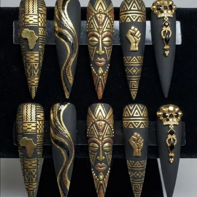 Gold Foil Nails, Afrocentric Nails, press on nails, custom press on nails, fake nails, Nails Art, stained glass nails, gold press on nails, 3d press on nails, luxury press on nails, handmade press on nails
