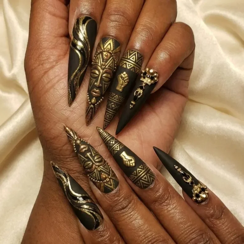 3D Gold Tribal, Black History Month, press on nails, custom press on nails, fake nails, Nails Art, stained glass nails, gold press on nails, 3d press on nails, luxury press on nails, handmade press on nails