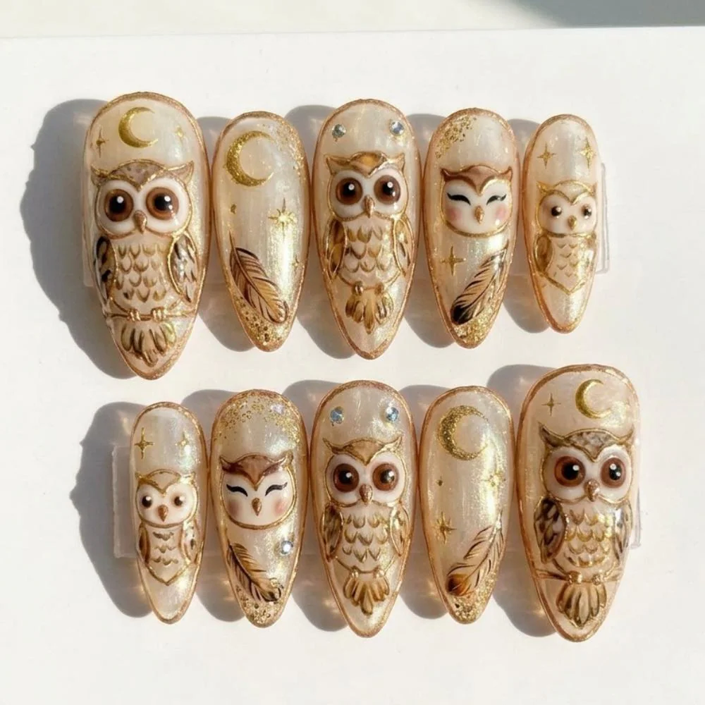 3D Golden Owl, Press On Nails, press on nails, custom press on nails, fake nails, Nails Art, stained glass nails, gold press on nails, 3d press on nails, luxury press on nails, handmade press on nails