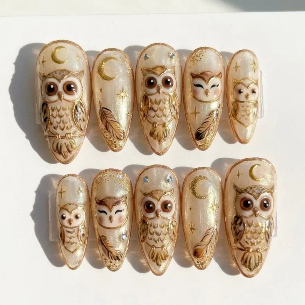 3D Golden Owl, Press On Nails, press on nails, custom press on nails, fake nails, Nails Art, stained glass nails, gold press on nails, 3d press on nails, luxury press on nails, handmade press on nails