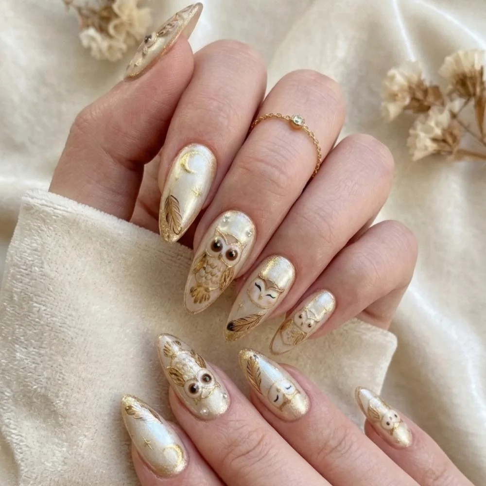 Pearl Iridescent, Owl Nail Design, press on nails, custom press on nails, fake nails, Nails Art, stained glass nails, gold press on nails, 3d press on nails, luxury press on nails, handmade press on nails