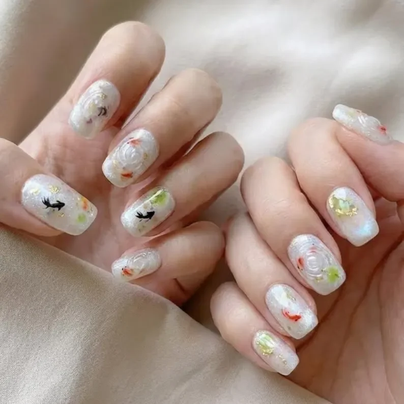 goldfish nail design, 3D nail art, press on nails, custom press on nails, fake nails, Nails Art, stained glass nails, gold press on nails, 3d press on nails, luxury press on nails, handmade press on nails