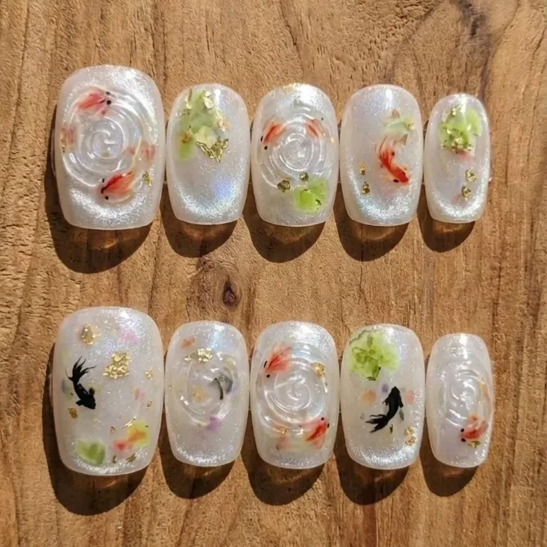 cat eye nails, faux pond nails, press on nails, custom press on nails, fake nails, Nails Art, stained glass nails, gold press on nails, 3d press on nails, luxury press on nails, handmade press on nails