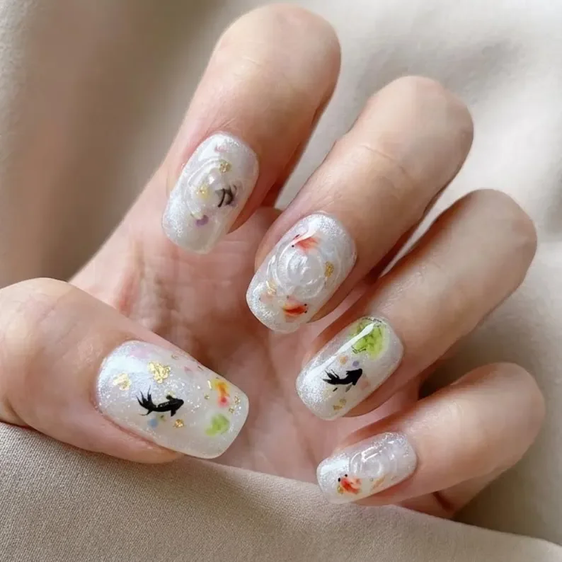 3D goldfish nails, pond press on, press on nails, custom press on nails, fake nails, Nails Art, stained glass nails, gold press on nails, 3d press on nails, luxury press on nails, handmade press on nails
