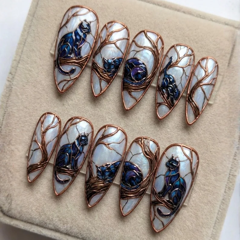 press on nails, midnight feline, custom press on nails, fake nails, Nails Art, stained glass nails, gold press on nails, 3d press on nails, luxury press on nails, handmade press on nails