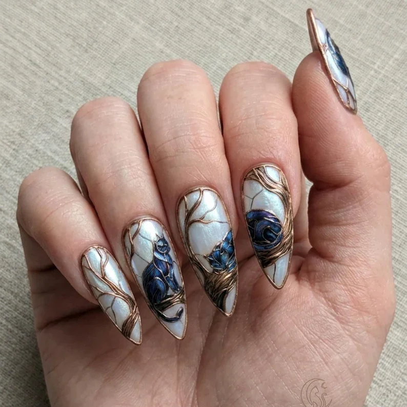 3D cat nails, dark gothic nails, press on nails, custom press on nails, fake nails, Nails Art, stained glass nails, gold press on nails, 3d press on nails, luxury press on nails, handmade press on nails