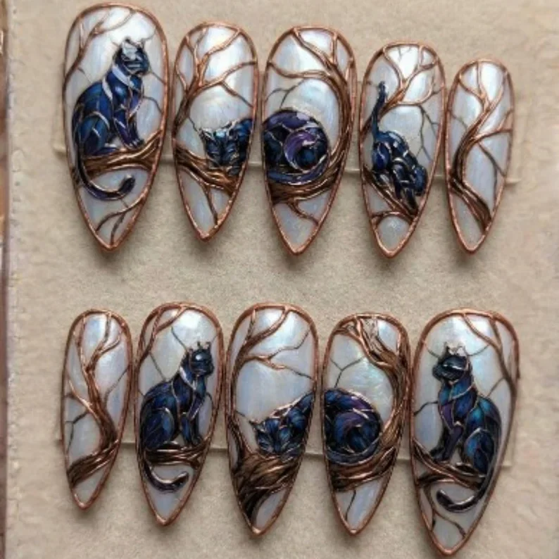 3D Gothic cat, stained glass nails, press on nails, custom press on nails, fake nails, Nails Art, gold press on nails, 3d press on nails, luxury press on nails, handmade press on nails