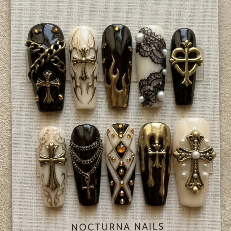 3D Gothic Dream, Molten Cross, press on nails, custom press on nails, fake nails, Nails Art, stained glass nails, gold press on nails, 3d press on nails, luxury press on nails, handmade press on nails