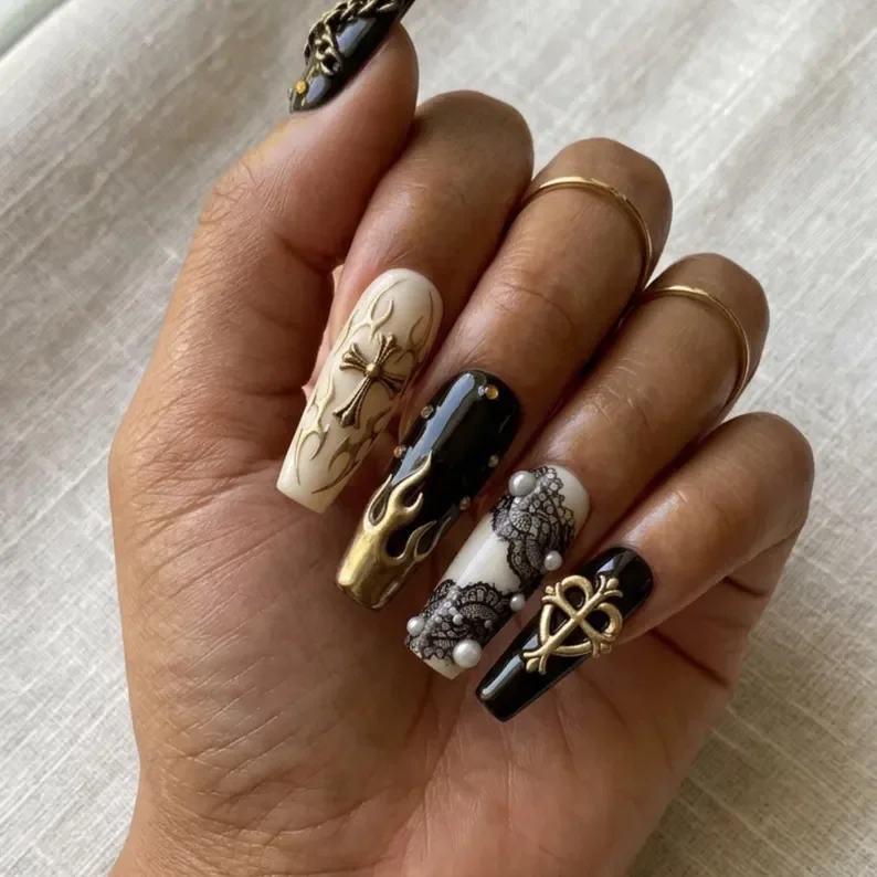 Press On Nails, Brown Cream, press on nails, custom press on nails, fake nails, Nails Art, stained glass nails, gold press on nails, 3d press on nails, luxury press on nails, handmade press on nails