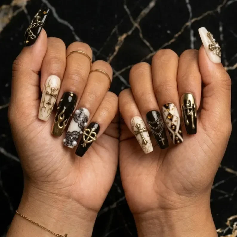 Cross Nail Design, 3D Gothic Nails, press on nails, custom press on nails, fake nails, Nails Art, stained glass nails, gold press on nails, 3d press on nails, luxury press on nails, handmade press on nails