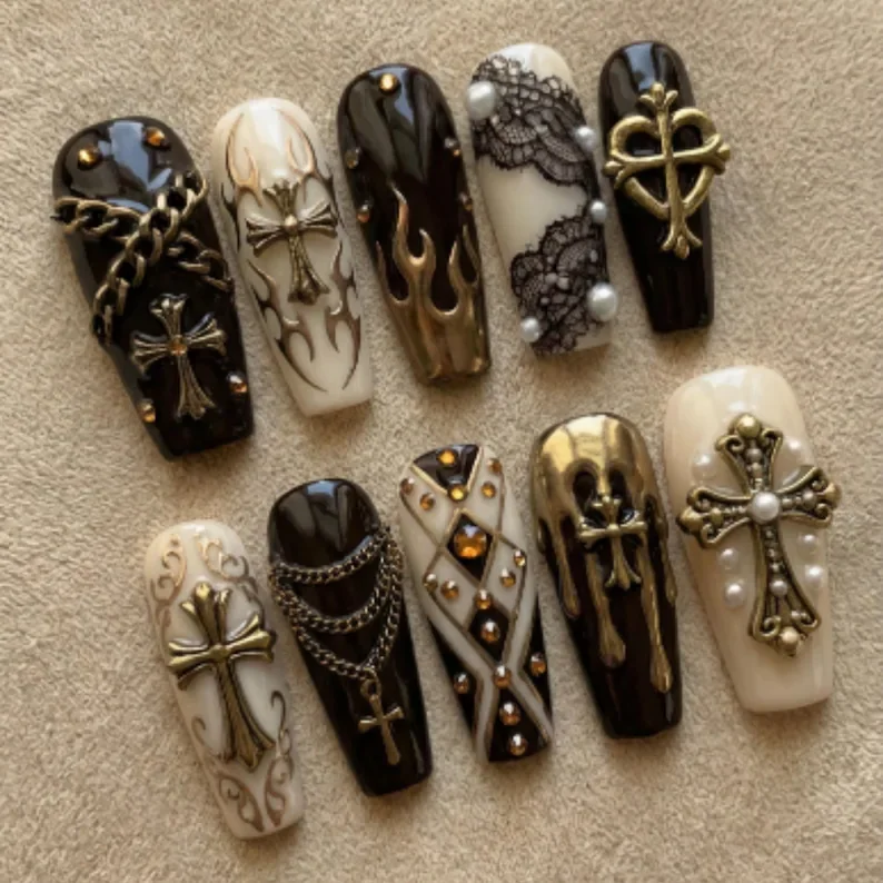 3D Gothic Dream, Molten Cross, press on nails, custom press on nails, fake nails, Nails Art, stained glass nails, gold press on nails, 3d press on nails, luxury press on nails, handmade press on nails