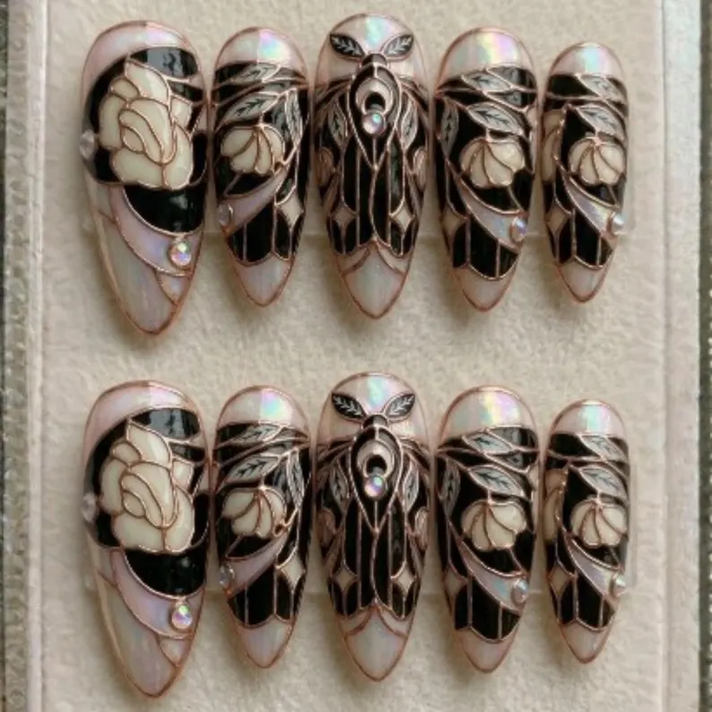 Iridescent Rose Gold, Stained Glass Nails, press on nails, custom press on nails, fake nails, Nails Art, stained glass nails, gold press on nails, 3d press on nails, luxury press on nails, handmade press on nails