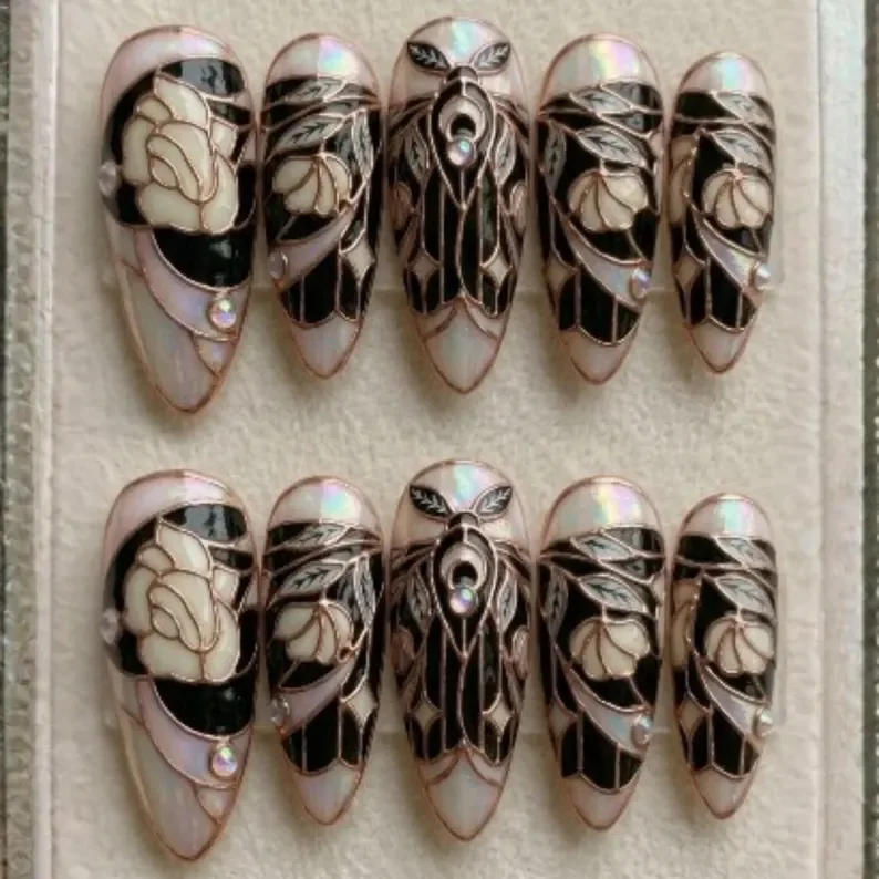 3D Gothic Moth, Press On Nails, press on nails, custom press on nails, fake nails, Nails Art, stained glass nails, gold press on nails, 3d press on nails, luxury press on nails, handmade press on nails