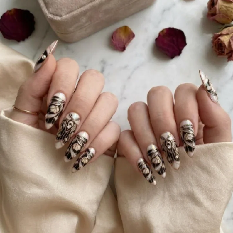Gothic Nail Art, Rose Gold Nails, press on nails, custom press on nails, fake nails, Nails Art, stained glass nails, gold press on nails, 3d press on nails, luxury press on nails, handmade press on nails