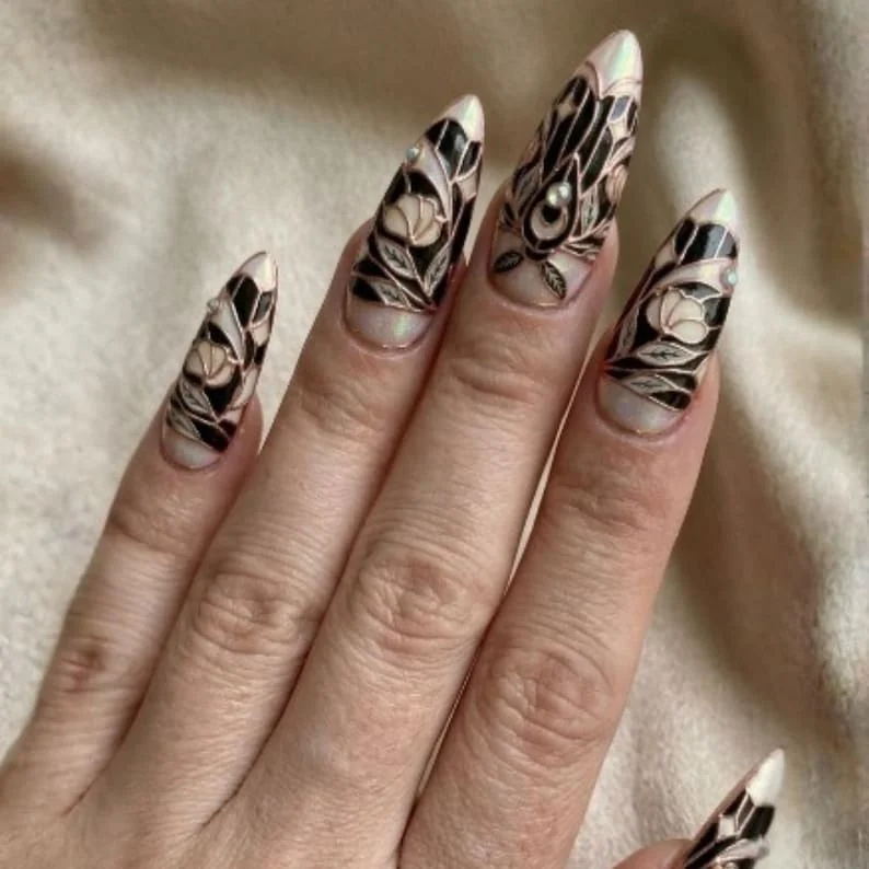 Moth Nail Design, Iridescent Nails, press on nails, custom press on nails, fake nails, Nails Art, stained glass nails, gold press on nails, 3d press on nails, luxury press on nails, handmade press on nails