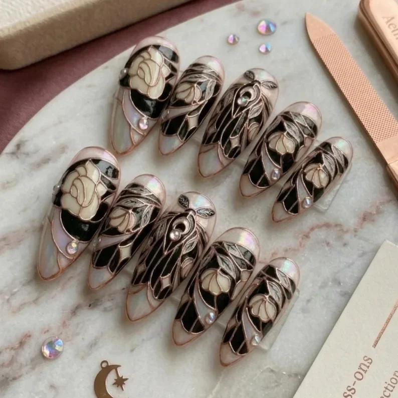 3D Gothic Moth, Press On Nails, press on nails, custom press on nails, fake nails, Nails Art, stained glass nails, gold press on nails, 3d press on nails, luxury press on nails, handmade press on nails