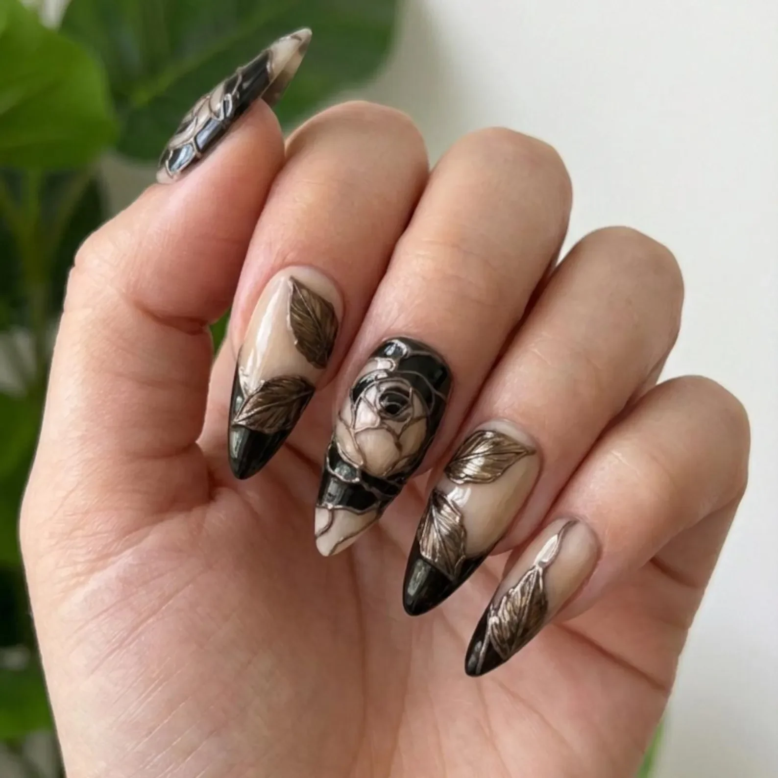 Handpainted Floral, Black Gold Nails, press on nails, custom press on nails, fake nails, Nails Art, stained glass nails, gold press on nails, 3d press on nails, luxury press on nails, handmade press on nails