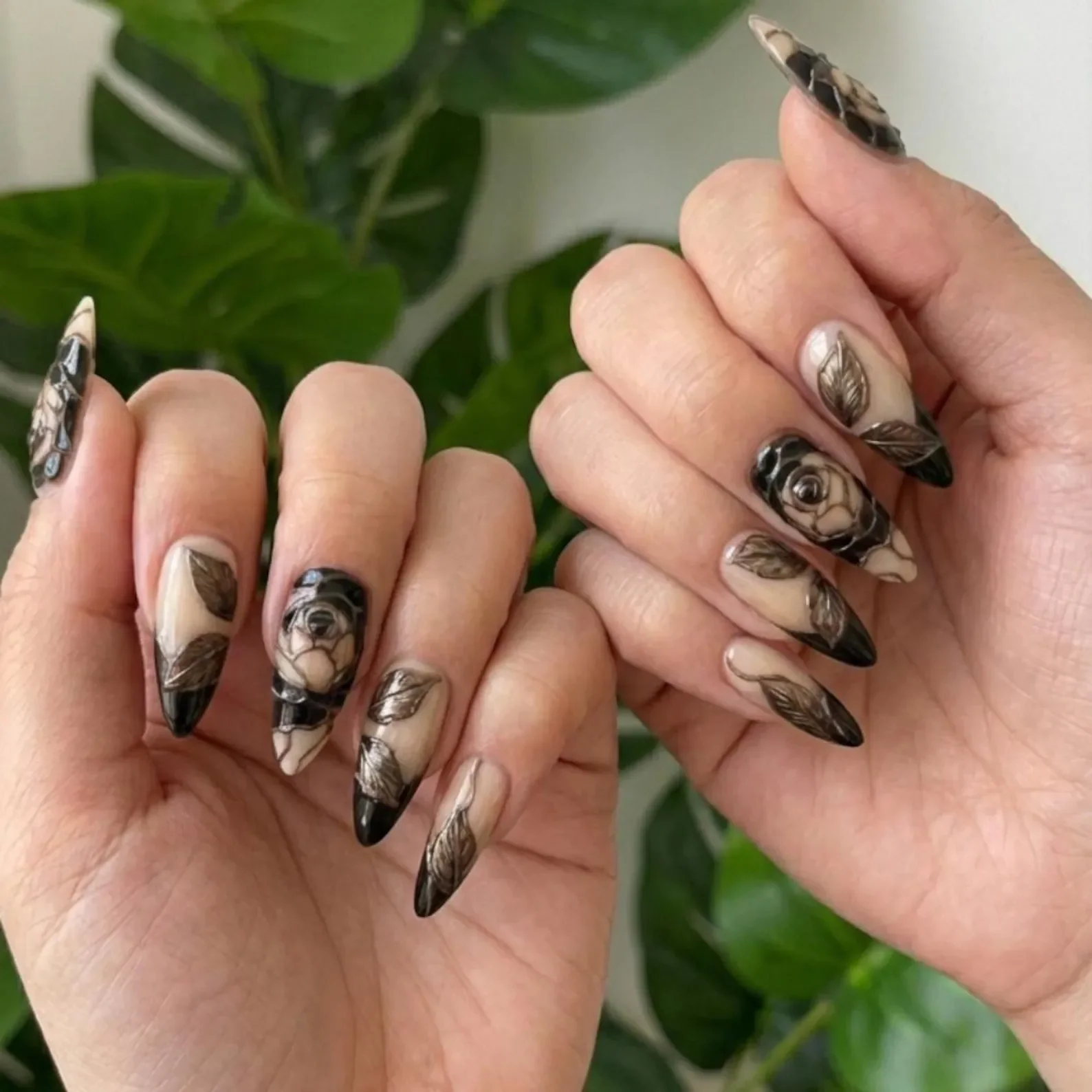Dark Academia, Gothic Rose Nails, press on nails, custom press on nails, fake nails, Nails Art, stained glass nails, gold press on nails, 3d press on nails, luxury press on nails, handmade press on nails