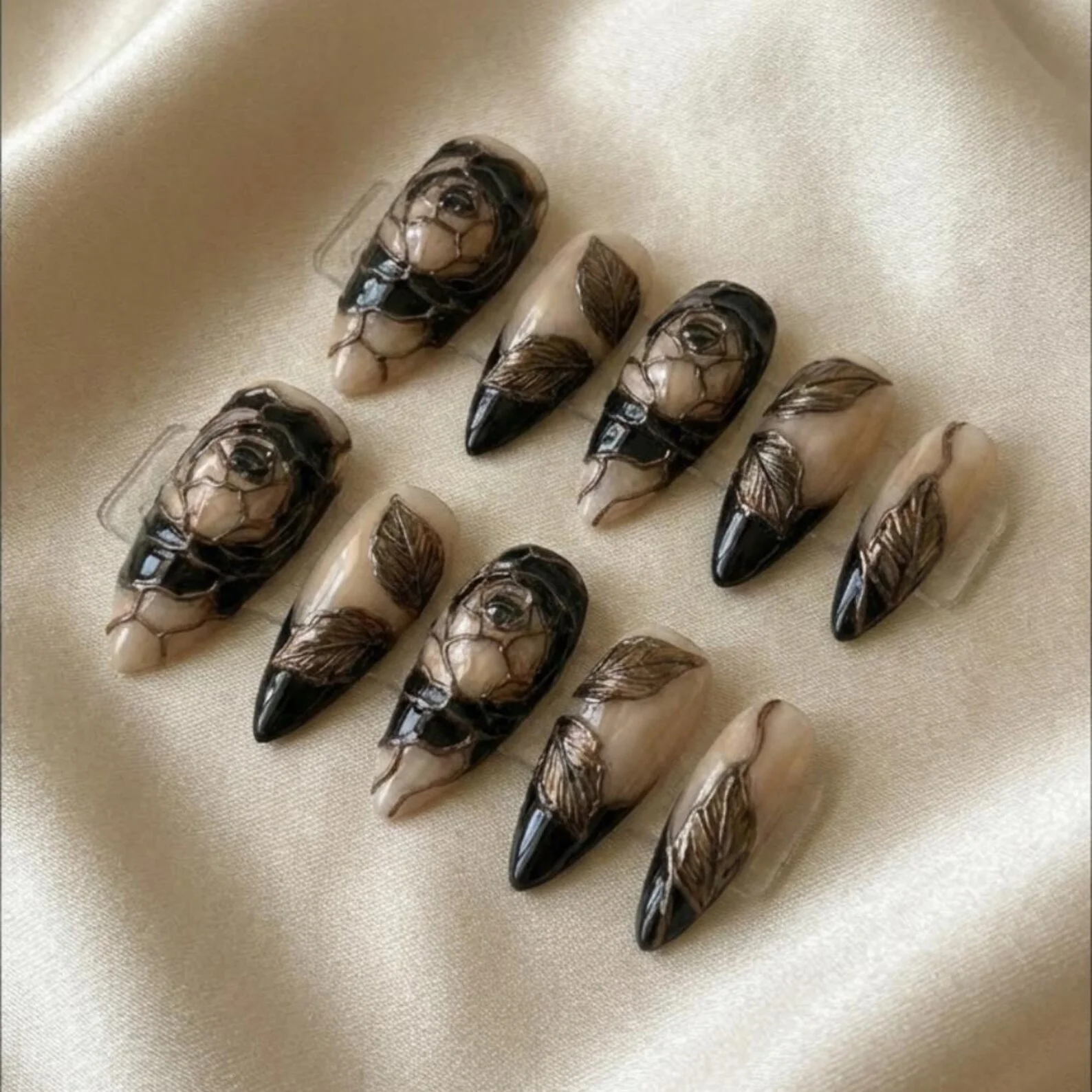 Floral Press Ons, Black Gold Rose, press on nails, custom press on nails, fake nails, Nails Art, stained glass nails, gold press on nails, 3d press on nails, luxury press on nails, handmade press on nails
