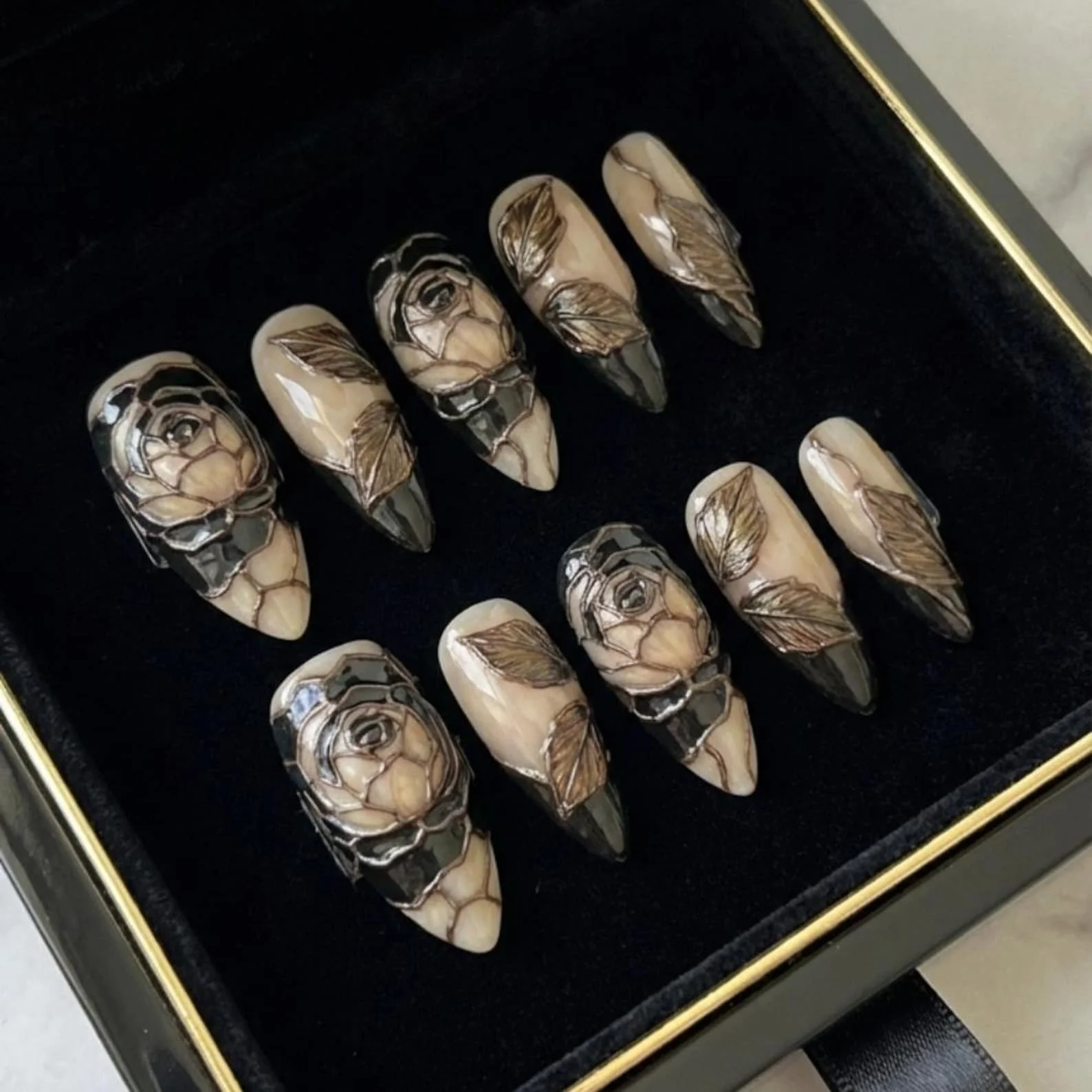 Press On Nails, Handpainted Floral, press on nails, custom press on nails, fake nails, Nails Art, stained glass nails, gold press on nails, 3d press on nails, luxury press on nails, handmade press on nails