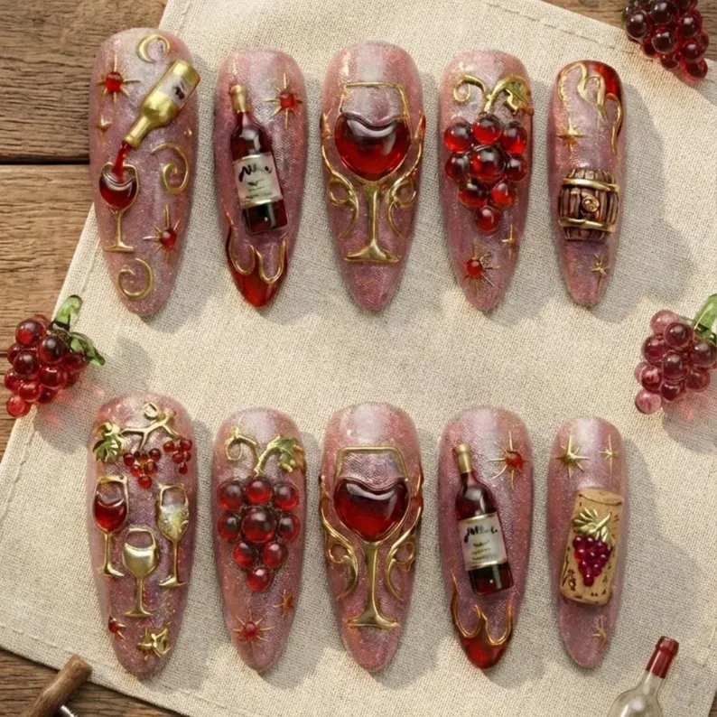 wine lover gift, press on nails, custom press on nails, fake nails, Nails Art, stained glass nails, gold press on nails, 3d press on nails, luxury press on nails, handmade press on nails