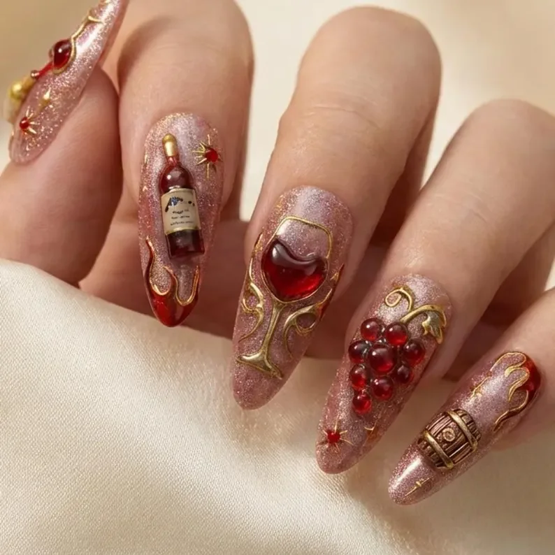 national drink day, wine day press on, press on nails, custom press on nails, fake nails, Nails Art, stained glass nails, gold press on nails, 3d press on nails, luxury press on nails, handmade press on nails