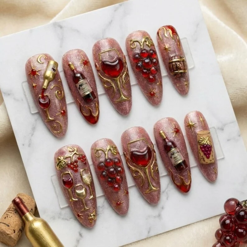 national drink day, wine day press on, press on nails, custom press on nails, fake nails, Nails Art, stained glass nails, gold press on nails, 3d press on nails, luxury press on nails, handmade press on nails